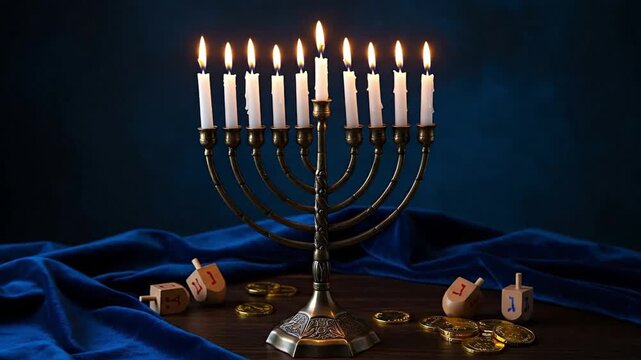 A menorah with lit candles sits on a table adorned with dreidels and coins against a dark blue backdrop