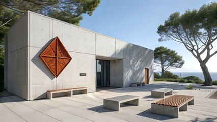 Modern Concrete Building with Diamond Shaped Art and Benches Overlooking the Sea on a Sunny Day