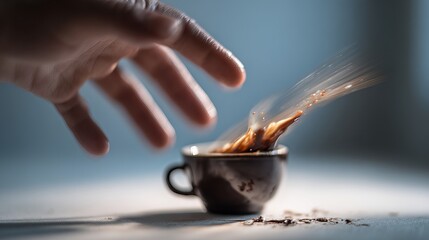 A hand reaching for a small cup as coffee splashes out, capturing a moment of dynamic energy and warmth.