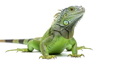 Green Iguana in Crawling Stance with Spiny Crest and Striped Tail on White Background