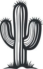 Black and white silhouette of a cactus plant with three arms and sharp spines in desert environment