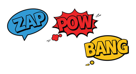 Colorful comic book speech bubbles with action words zap pow bang