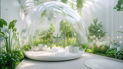 A futuristic garden with glowing plants enclosed in a transparent dome, combining technology and nature in harmony.