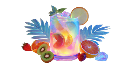 Vibrant, glowing cocktail with fruits and leaves