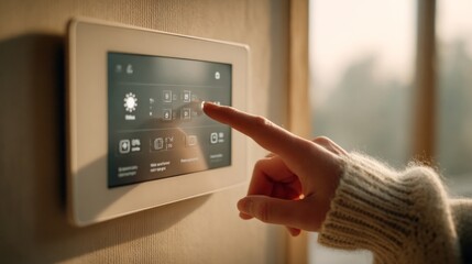 Woman managing smart home system using control panel
