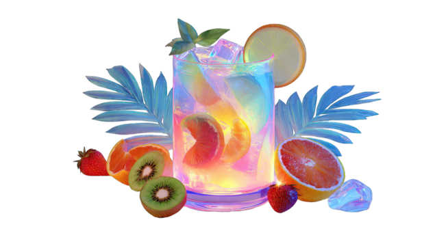Vibrant, glowing cocktail with fruits and leaves