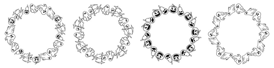 Set of Halloween round frames with black ghosts, creepy holiday frame on white background. Perfect for creepy fall decorations, banners, stickers, advertising and sales.