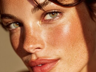 Beautiful woman with freckles showing off perfect skin