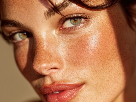 Beautiful woman with freckles showing off perfect skin