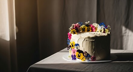 Delicious Floral Cake, Sunlit Bakery Scene.