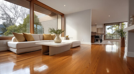 Fototapeta premium Contemporary living room with large window, white sofa, wooden floor, neutral decor, and natural light creates calm, inviting atmosphere