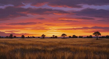 Obraz premium Serene Sunset over Golden Prairie: Impasto Painting of Silhouetted Trees