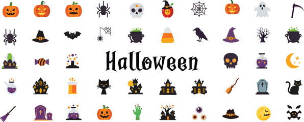Halloween vector elements icon sheet. Vector illustration in modern thin line style of Halloween Christmas related icons: pumpkin, collection, spider, cat, hat and more. transparent background. 
