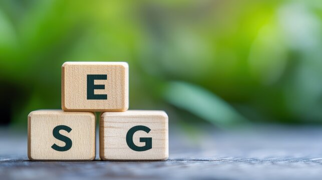 ESG Initiative: The letters ESG are prominently displayed on wooden blocks, representing a corporate commitment to Environmental, Social, and Governance principles.