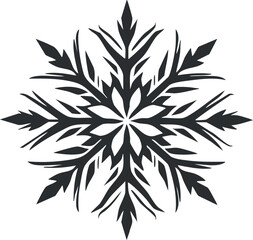 Black stylized snowflake design with detailed symmetrical icy pattern on white background