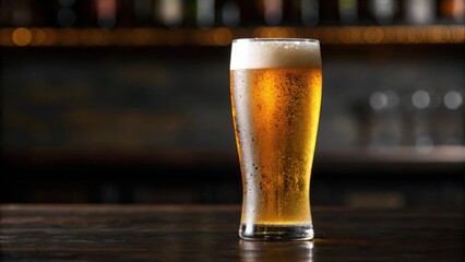 Freshly poured beer with frothy head on dark surface &mdash; capturing thirst-quenching appeal