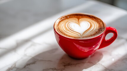 A vibrant red cup of latte art on a marble table, showcasing a heart design in creamy foam amidst soft shadows and light.