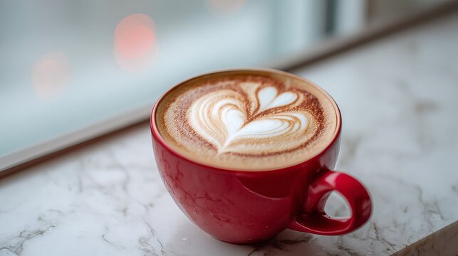 A beautifully crafted latte in a vibrant red cup showcases intricate heart latte art against a soft, blurred background.