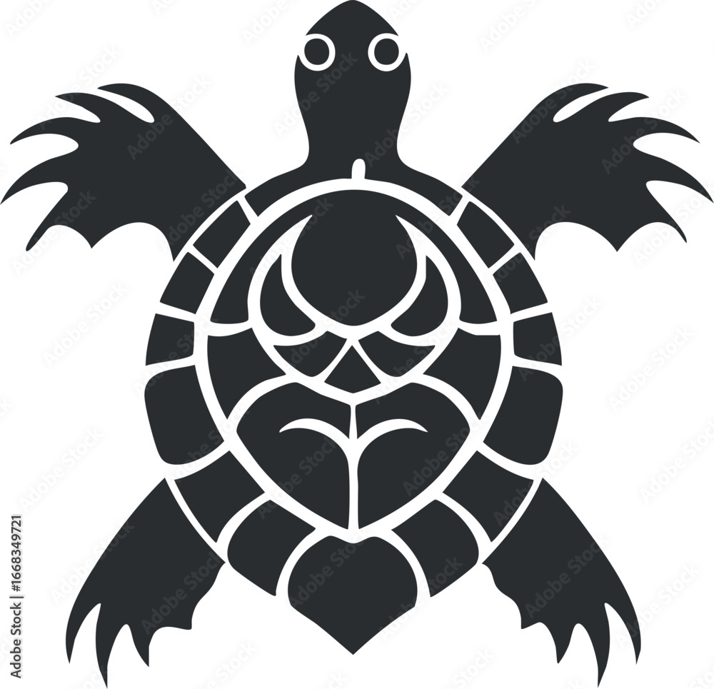 Wall mural black silhouette of a stylized sea turtle with abstract shell patterns on a white background