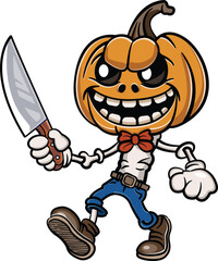 Cartoon Pumpkin Head Character with Knife - Halloween Vector Illustration