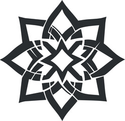 Black and white geometric mandala pattern with abstract symmetrical star and floral shapes