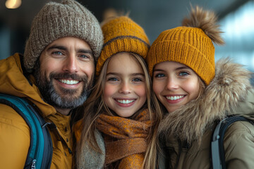 Happy family smiling together wearing winter clothes hats and scarves cozy warm lifestyle concept love togetherness holiday season outdoor portrait background