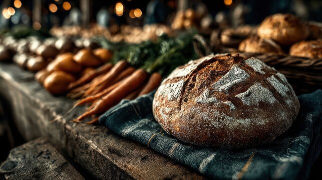 Artisanal bread and fresh produce arranged at sunny market