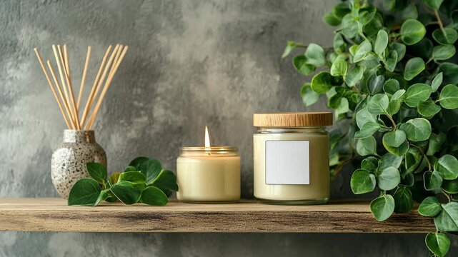 A cozy spa scene with lit candle, reed diffuser, and green leaves on a wooden shelf against a stone wall, symbolizing relaxation, wellness, aromatherapy, calm, and soothing balance of natural harmony.