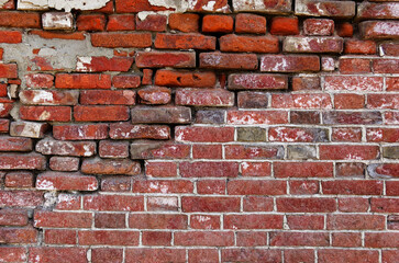 Showcases rustic, weathered bricks forming a wall with varying shades of red, brown, and subtle white patches. Close-up view reveals aged texture and visible mortar lines, perfect for vintage