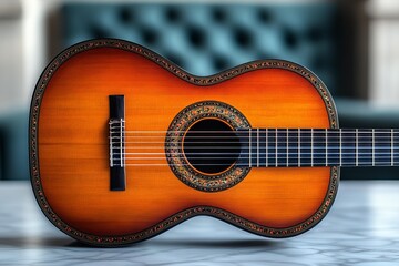 Fototapeta premium Elegant acoustic guitar on marble table with intricate decorative rosette, warm wooden tones, musical instrument, studio detail, hobby and performance concept
