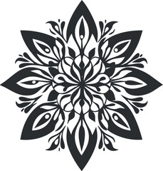 Black and white symmetrical mandala design with floral and leaf elements in circular pattern