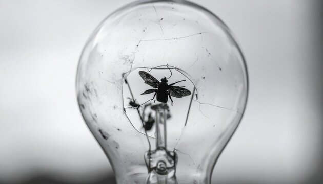 Insect Silhouette Inside Broken Light Bulb with Cracked Glass - Powered by Adobe