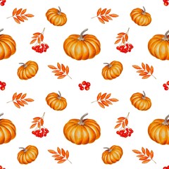 Watercolor seamless pattern with orange pumpkins, rowan berries and bright leaves on a white background. Autumn illustration for packaging design, fabrics, wallpapers, cards and decor.