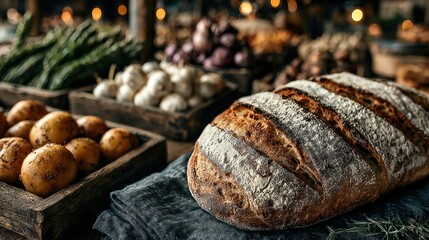 Artisanal bread and fresh produce arranged at sunny market