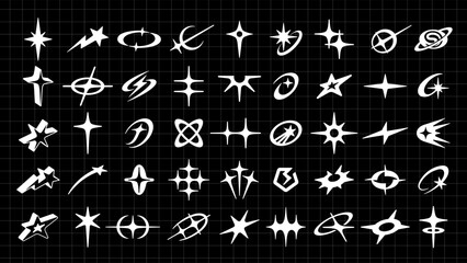 Abstract star symbols and cosmic sparkles with Y2K retrofuturistic aesthetic