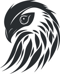 Obraz premium Black and white stylized illustration of a fierce hawk head with sharp eye and feathers