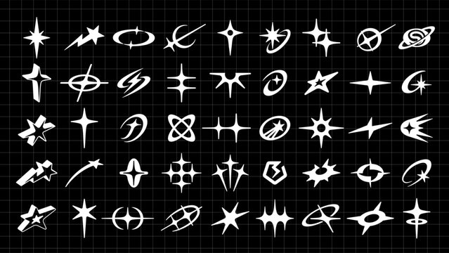 Abstract star symbols and cosmic sparkles with Y2K retrofuturistic aesthetic