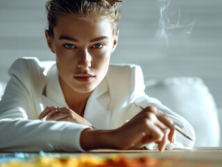 Woman white blazer intense gaze creative painting smoke modern indoor confident focused artist at work