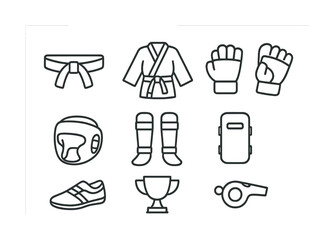 Martial arts equipment icons: belt, gi, gloves, helmet, pads, trophy, whistle