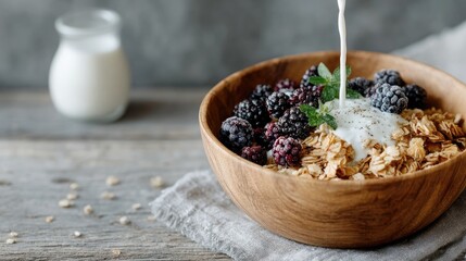 Pouring Oat Milk into Granola with Blackberries in Wooden Bowl