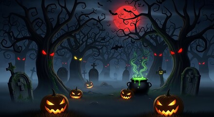 Illustration of a creepy graveyard with glowing pumpkins, a cauldron, and glowing eyes in the trees