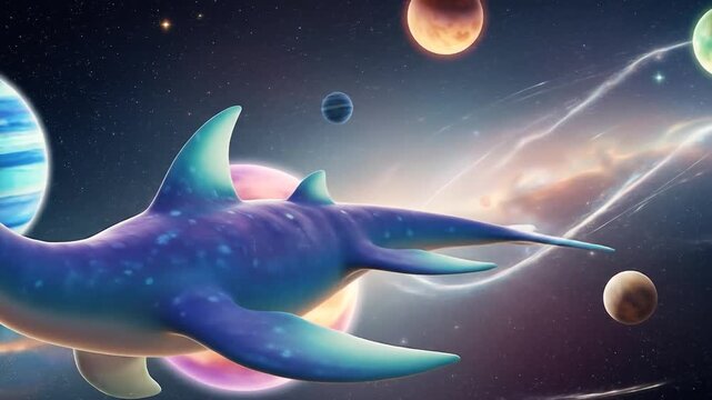 3d animated plesiosaur swimming through colorful planets in outer space with cosmic background.