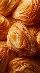 Macro flat lay of freshly baked golden puff pastry with flaky layers, representing a delicious and indulgent dessert or breakfast