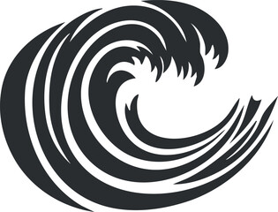Abstract black and white graphic design of a powerful ocean wave curling and breaking