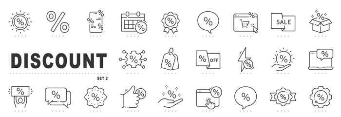 Discount line icons for sale, coupon promotion, price tags, ecommerce shopping, flash offers, badges, vouchers, editable outline stroke, vector set
