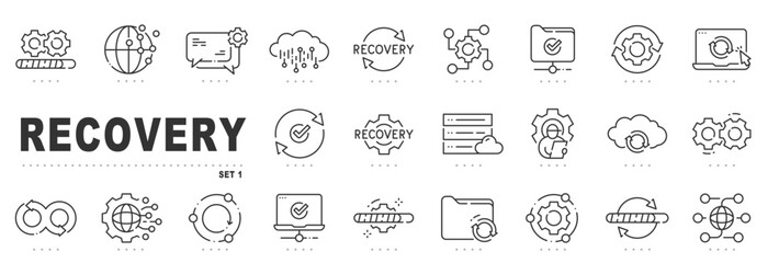 Recovery icon set featuring backup, restore, data, cloud, server workflows, disaster resilience, failover, redundancy, sync, update, monitoring, automation, devops, outline