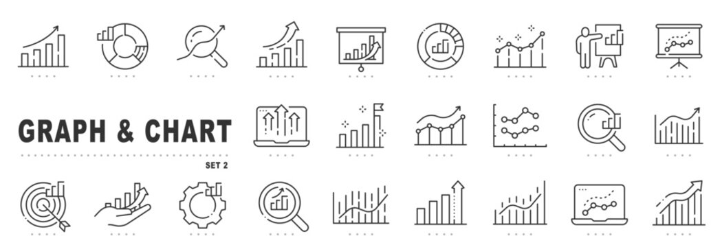 Graph and chart icons for analytics, data dashboards, business presentations, showing growth trends and metrics in clean outline, editable stroke