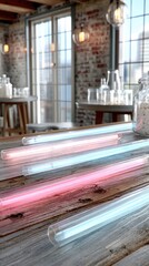 Retro Neon Tube Lights Reflecting on Glossy Wood Table