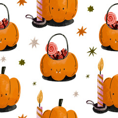 Halloween seamless pattern  with pumpkin basket. Horror illustration. Scary Hand drawn watercolor illustration on isolated background