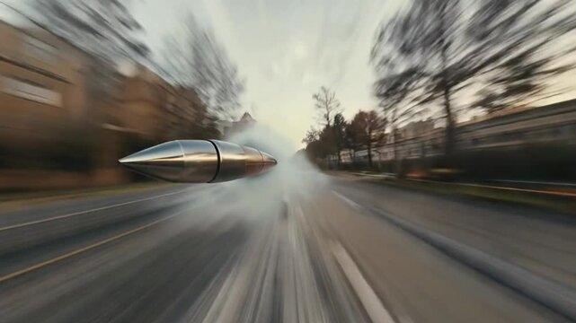 A cinematic first-person view of a bullet flying through the air at high speed, creating sonic booms and shockwaves, symbolizing speed and power.